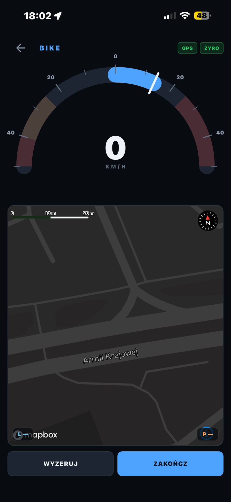 Tryb Bike - łuk przechyłu z prędkością w środku i mapa pod spodem